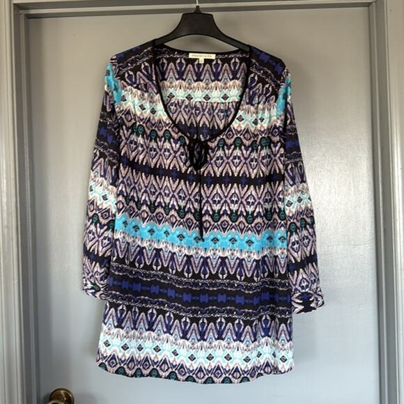 Daniel Rainn Women's Blue Pullover Top Long  Sleeves Roll Tab sz 2X Scoop Neck - Picture 1 of 6
